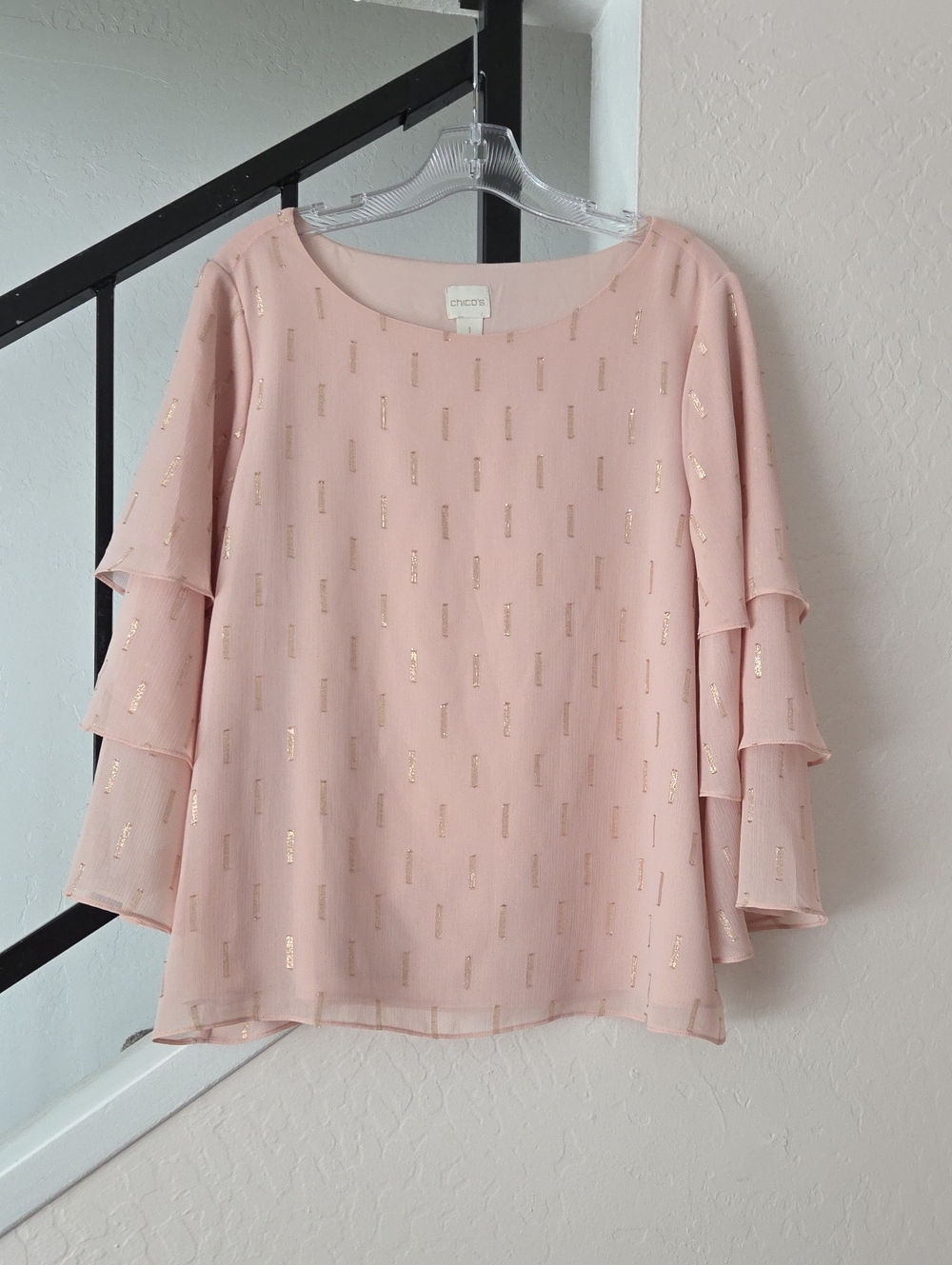Chico's Pink Metallic Dot Tiered Sleeve Blouse Size 1 (M)